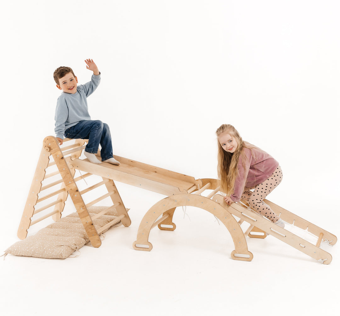 5in1 Montessori Klettergerüst Set: Kletterdreieck mit Rutsche, Kletterbogen, Kletternetz und Kissen, für Kinder 1-7 Jahre – Beige