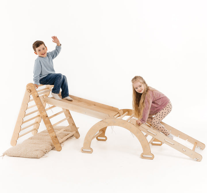 5in1 Montessori Klettergerüst Set: Kletterdreieck mit Rutsche, Kletterbogen, Kletternetz und Kissen, für Kinder 1-7 Jahre – Beige