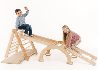 5in1 Montessori Klettergerüst Set: Kletterdreieck mit Rutsche, Kletterbogen, Kletternetz und Kissen, für Kinder 1-7 Jahre – Beige