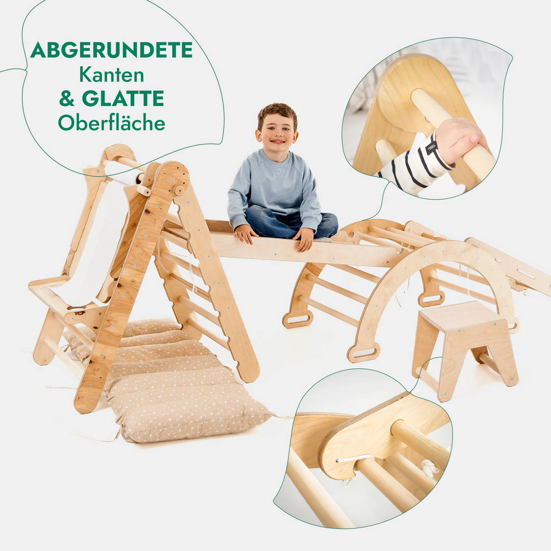 7en1 Ensemble d'Escalade Montessori : Échelle Triangulaire + Arche/Rocker + Toboggan/Rampe + Filet + Coussin + Ajout Artistique