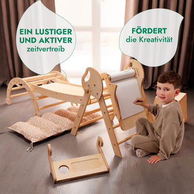 Set 4in1 Montessori per arrampicata: Triangolo di Pikler, Arco, Tavola scivolo e Cuscino – per bambini da 1 a 3 anni