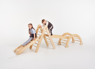 5in1 Montessori Klettergerüst Set: Kletterdreieck mit Rutsche, Kletterbogen, Kletternetz und Kissen, für Kinder 1-7 Jahre – Beige