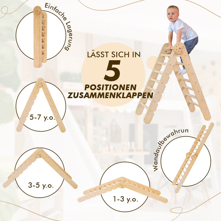 4in1 Montessori Klettergerüst Set: Kletterdreieck mit Rutsche, Kletterbogen mit Kissen, für Kinder 1-7 Jahre – Beige