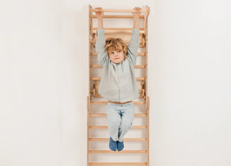 6in1 Kletterwand Indoor: Sprossenwand, Gymnastikringe, Hängende Leiter, Disc-Schaukel, Rutsche und Klimmzugstange für Kinder