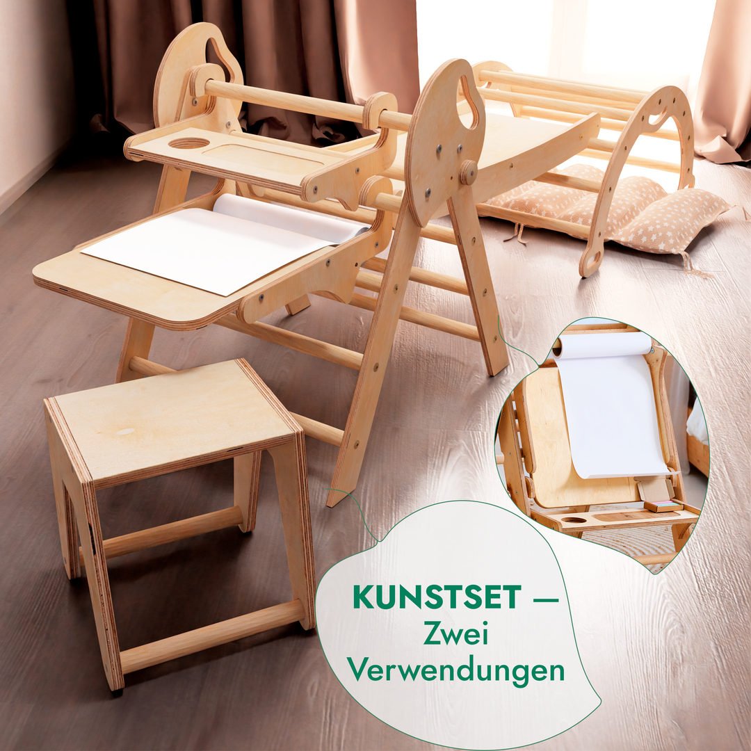 Montessori 5in1 Kletterdreieck für Babys: Pikler-Dreieck, Kletterbogen, Kunst-Erweiterung ,Rutschbrett und Kissen für Kleinkinder (1–3 Jahre)