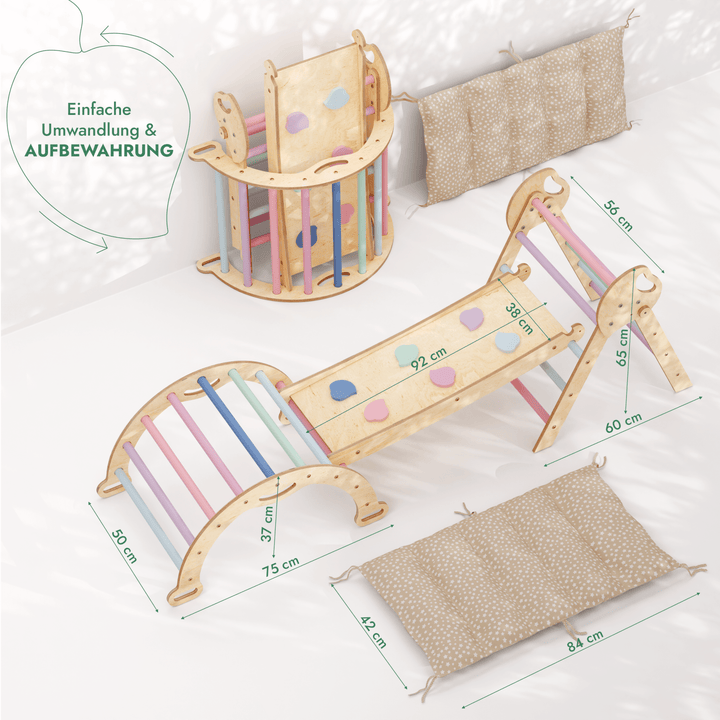 4 - in - 1 Montessori - Kletterset: Pikler - Dreieck, Kletterbogen, Rutschbrett und Kissen für Kleinkinder (1–3 Jahre) – Pastell - Goodevas Schweiz