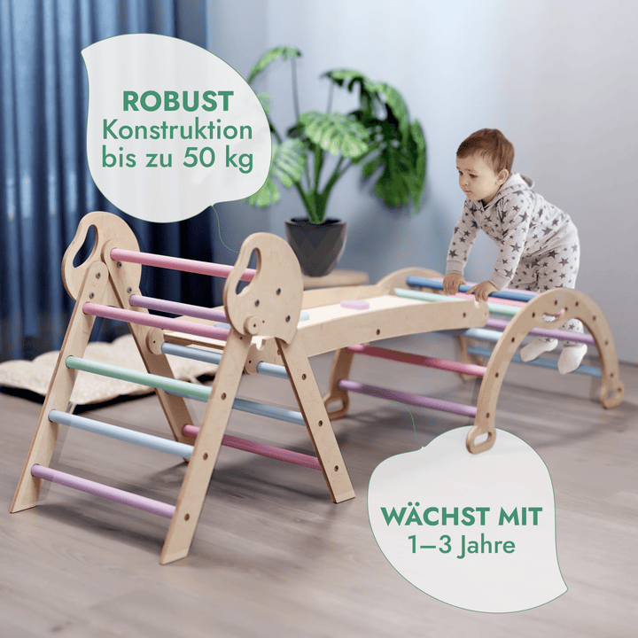 4 - in - 1 Montessori - Kletterset: Pikler - Dreieck, Kletterbogen, Rutschbrett und Kissen für Kleinkinder (1–3 Jahre) – Pastell - Goodevas Schweiz