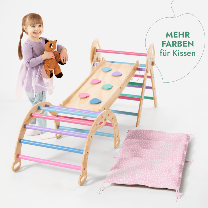 4 - in - 1 Montessori - Kletterset: Pikler - Dreieck, Kletterbogen, Rutschbrett und Kissen für Kleinkinder (1–3 Jahre) – Pastell - Goodevas Schweiz