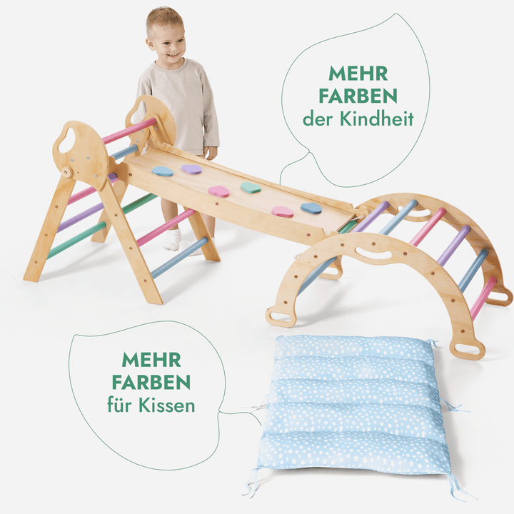 4 - in - 1 Montessori - Kletterset: Pikler - Dreieck, Kletterbogen, Rutschbrett und Kissen für Kleinkinder (1–3 Jahre) – Pastell - Goodevas Schweiz