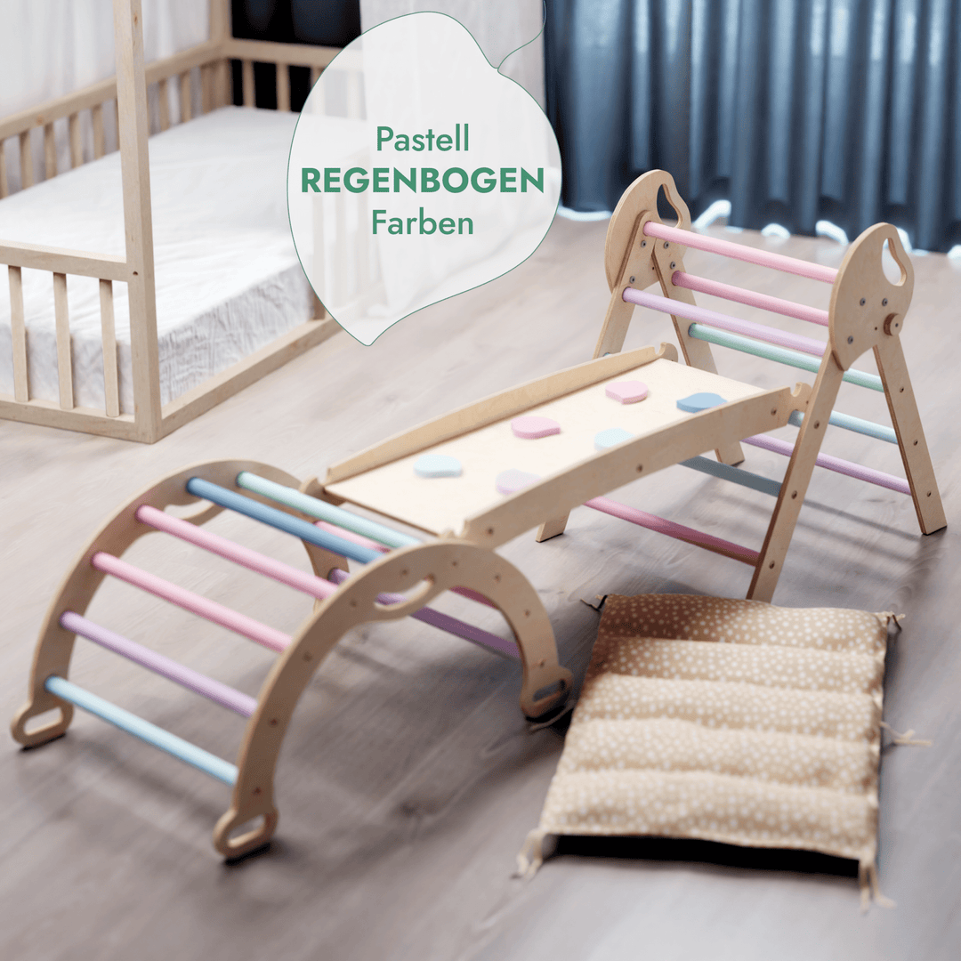 4 - in - 1 Montessori - Kletterset: Pikler - Dreieck, Kletterbogen, Rutschbrett und Kissen für Kleinkinder (1–3 Jahre) – Pastell - Goodevas Schweiz