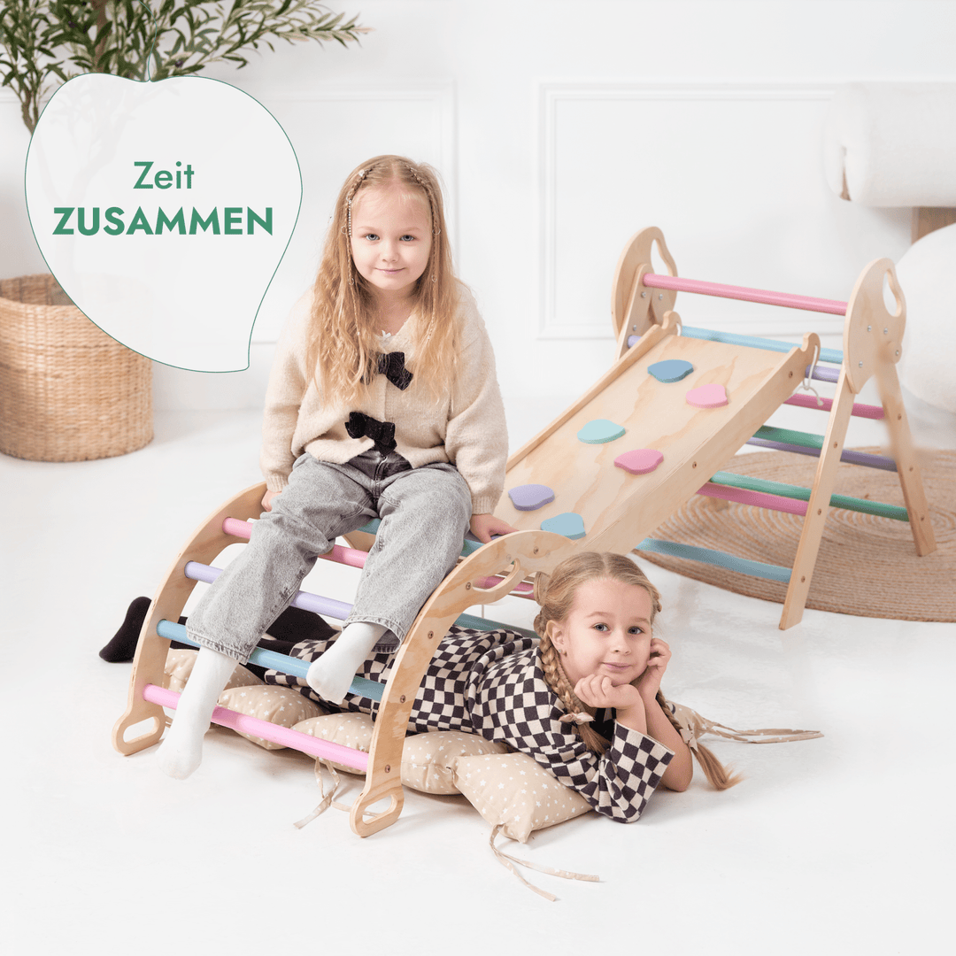4 - in - 1 Montessori - Kletterset: Pikler - Dreieck, Kletterbogen, Rutschbrett und Kissen für Kleinkinder (1–3 Jahre) – Pastell - Goodevas Schweiz
