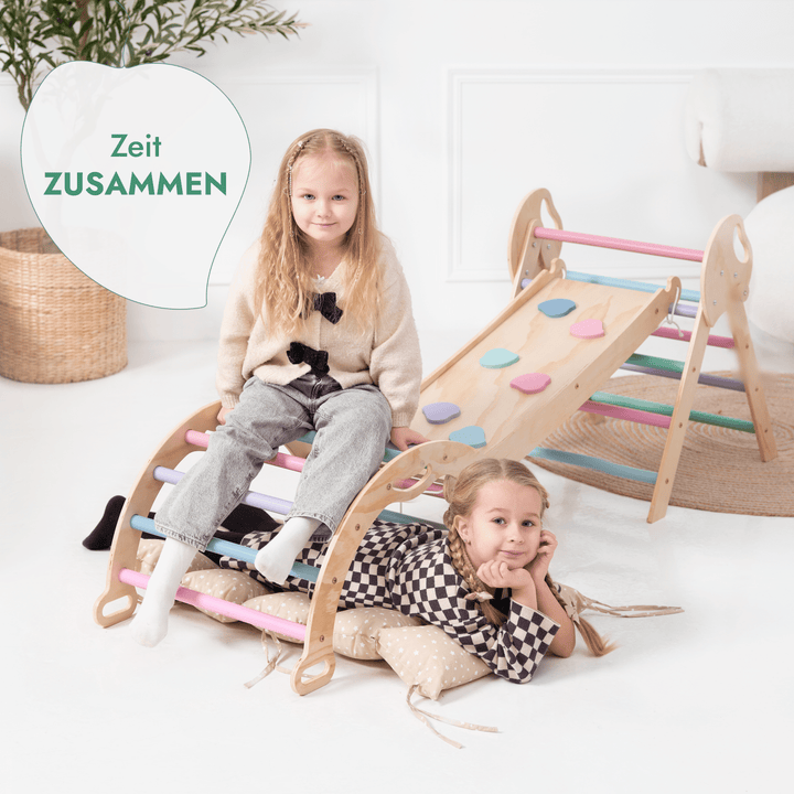 4 - in - 1 Montessori - Kletterset: Pikler - Dreieck, Kletterbogen, Rutschbrett und Kissen für Kleinkinder (1–3 Jahre) – Pastell - Goodevas Schweiz