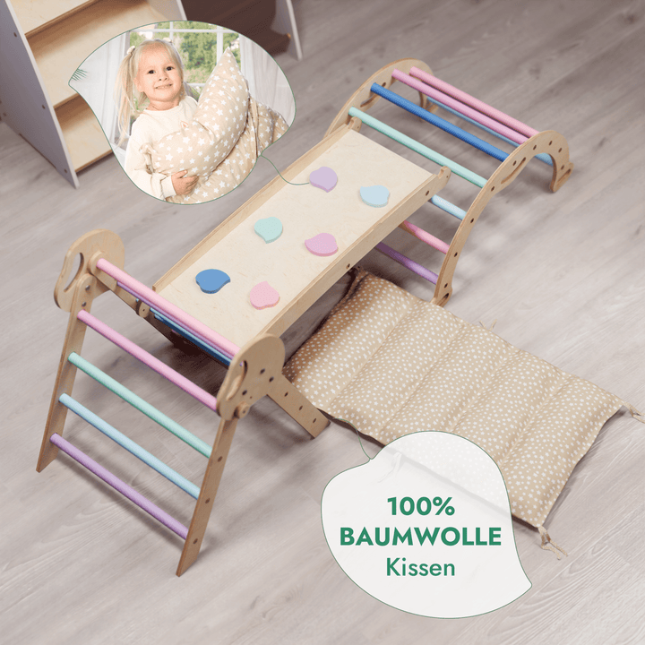 4 - in - 1 Montessori - Kletterset: Pikler - Dreieck, Kletterbogen, Rutschbrett und Kissen für Kleinkinder (1–3 Jahre) – Pastell - Goodevas Schweiz