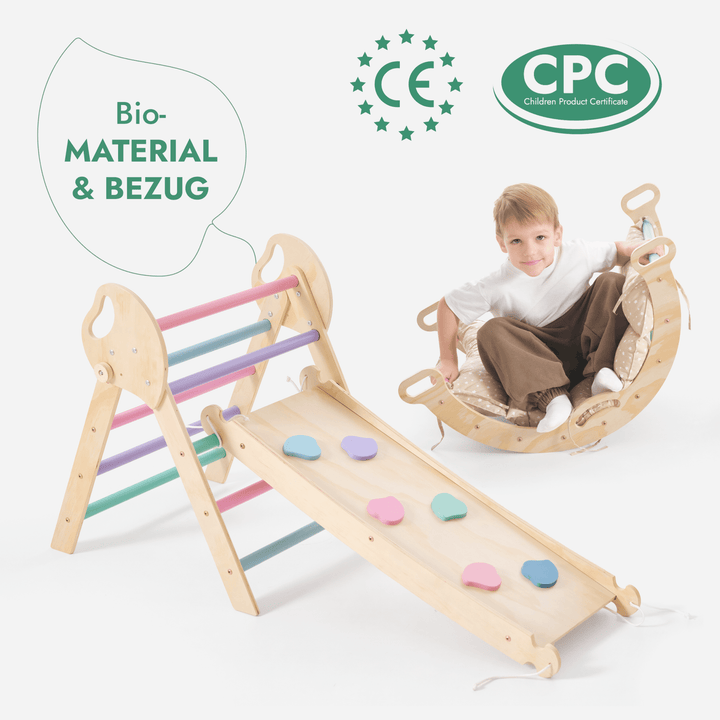 4 - in - 1 Montessori - Kletterset: Pikler - Dreieck, Kletterbogen, Rutschbrett und Kissen für Kleinkinder (1–3 Jahre) – Pastell - Goodevas Schweiz