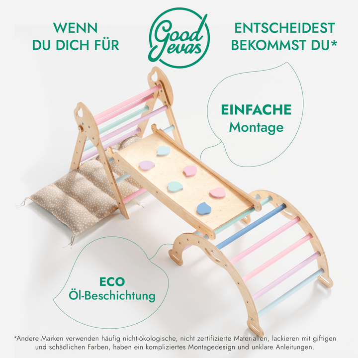 4 - in - 1 Montessori - Kletterset: Pikler - Dreieck, Kletterbogen, Rutschbrett und Kissen für Kleinkinder (1–3 Jahre) – Pastell - Goodevas Schweiz
