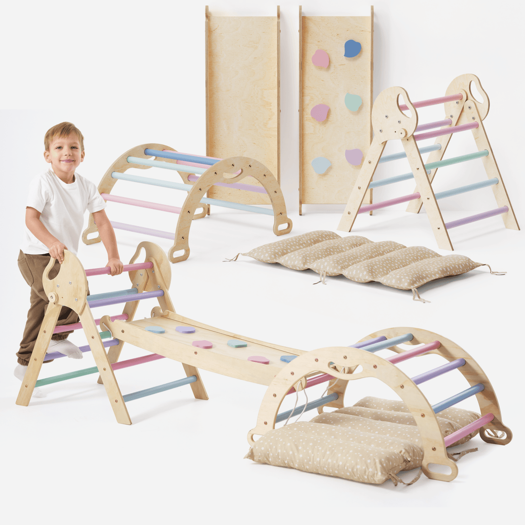 4 - in - 1 Montessori - Kletterset: Pikler - Dreieck, Kletterbogen, Rutschbrett und Kissen für Kleinkinder (1–3 Jahre) – Pastell - Goodevas Schweiz
