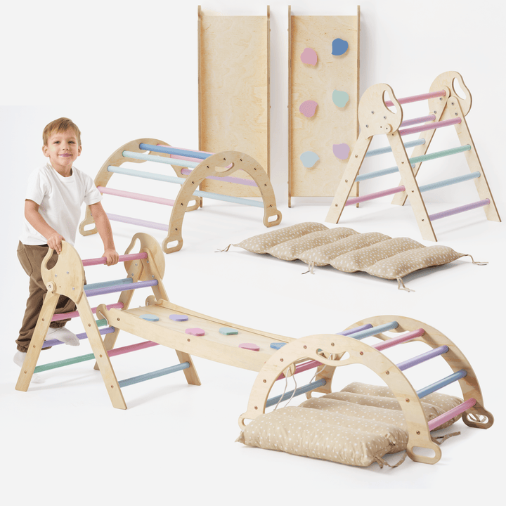 4 - in - 1 Montessori - Kletterset: Pikler - Dreieck, Kletterbogen, Rutschbrett und Kissen für Kleinkinder (1–3 Jahre) – Pastell - Goodevas Schweiz