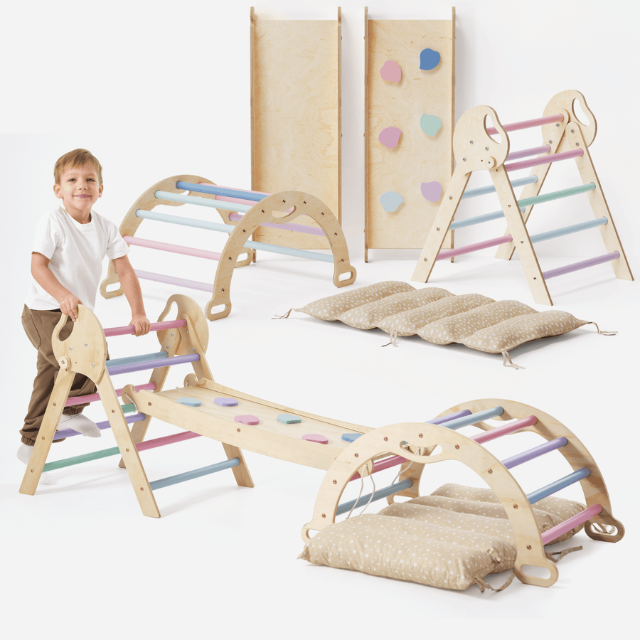 4 - in - 1 Montessori - Kletterset: Pikler - Dreieck, Kletterbogen, Rutschbrett und Kissen für Kleinkinder (1–3 Jahre) – Pastell - Goodevas Schweiz