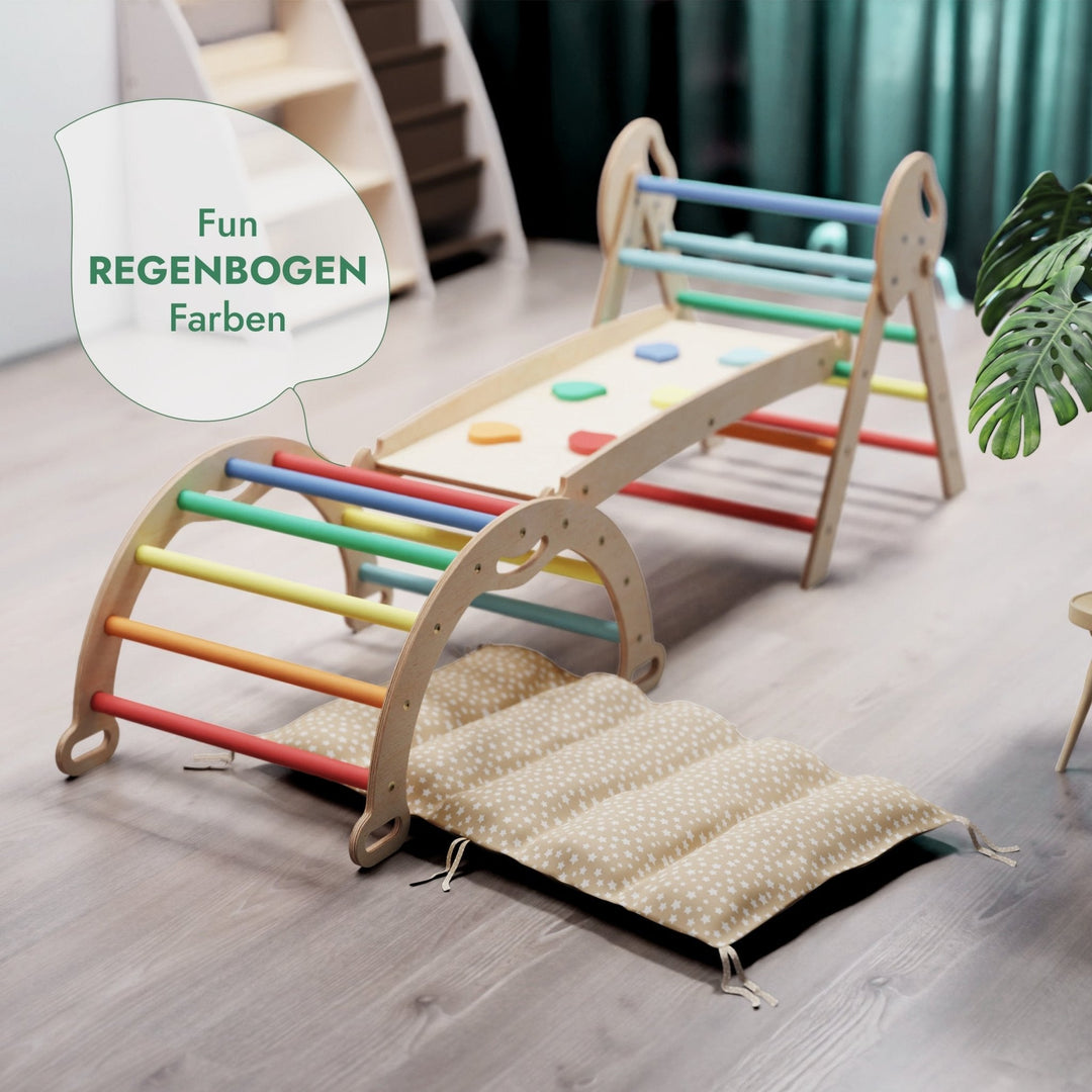 4 - in - 1 Montessori - Kletterset: Pikler - Dreieck, Kletterbogen, Rutschbrett und Kissen für Kleinkinder (1–3 Jahre) – Regenbogen - Goodevas Schweiz