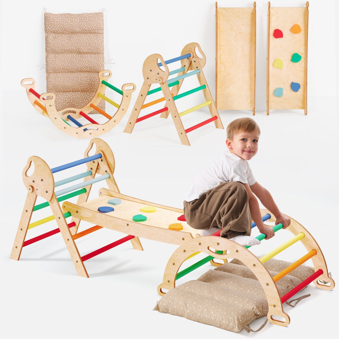4 - in - 1 Montessori - Kletterset: Pikler - Dreieck, Kletterbogen, Rutschbrett und Kissen für Kleinkinder (1–3 Jahre) – Regenbogen - Goodevas Schweiz