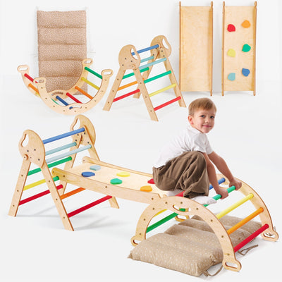 4-in-1 Montessori-Kletterset: Pikler-Dreieck, Kletterbogen, Rutschbrett und Kissen für Kleinkinder (1–3 Jahre) – Regenbogen