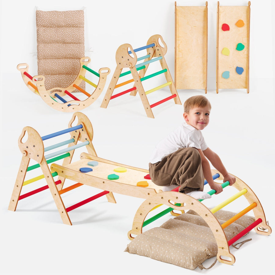 4 - in - 1 Montessori - Kletterset: Pikler - Dreieck, Kletterbogen, Rutschbrett und Kissen für Kleinkinder (1–3 Jahre) – Regenbogen - Goodevas Schweiz