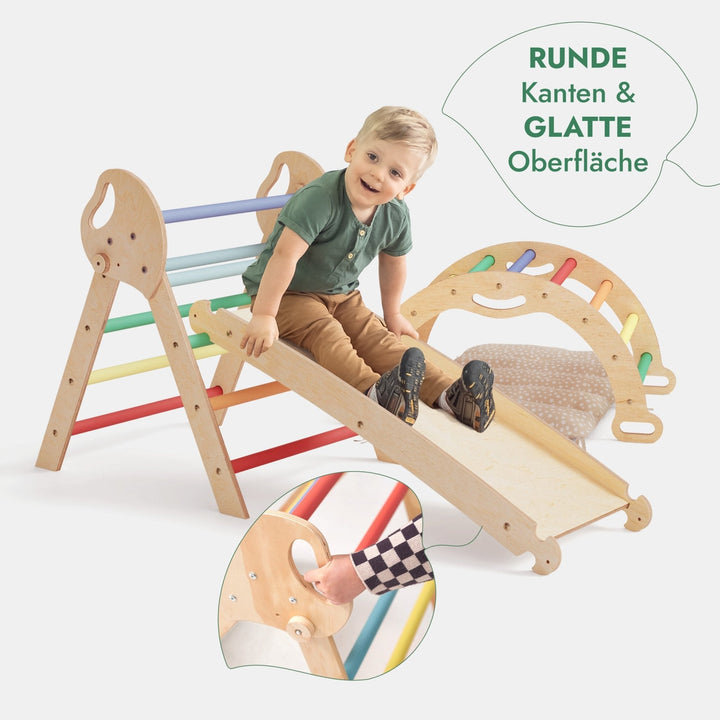 4 - in - 1 Montessori - Kletterset: Pikler - Dreieck, Kletterbogen, Rutschbrett und Kissen für Kleinkinder (1–3 Jahre) – Regenbogen - Goodevas Schweiz