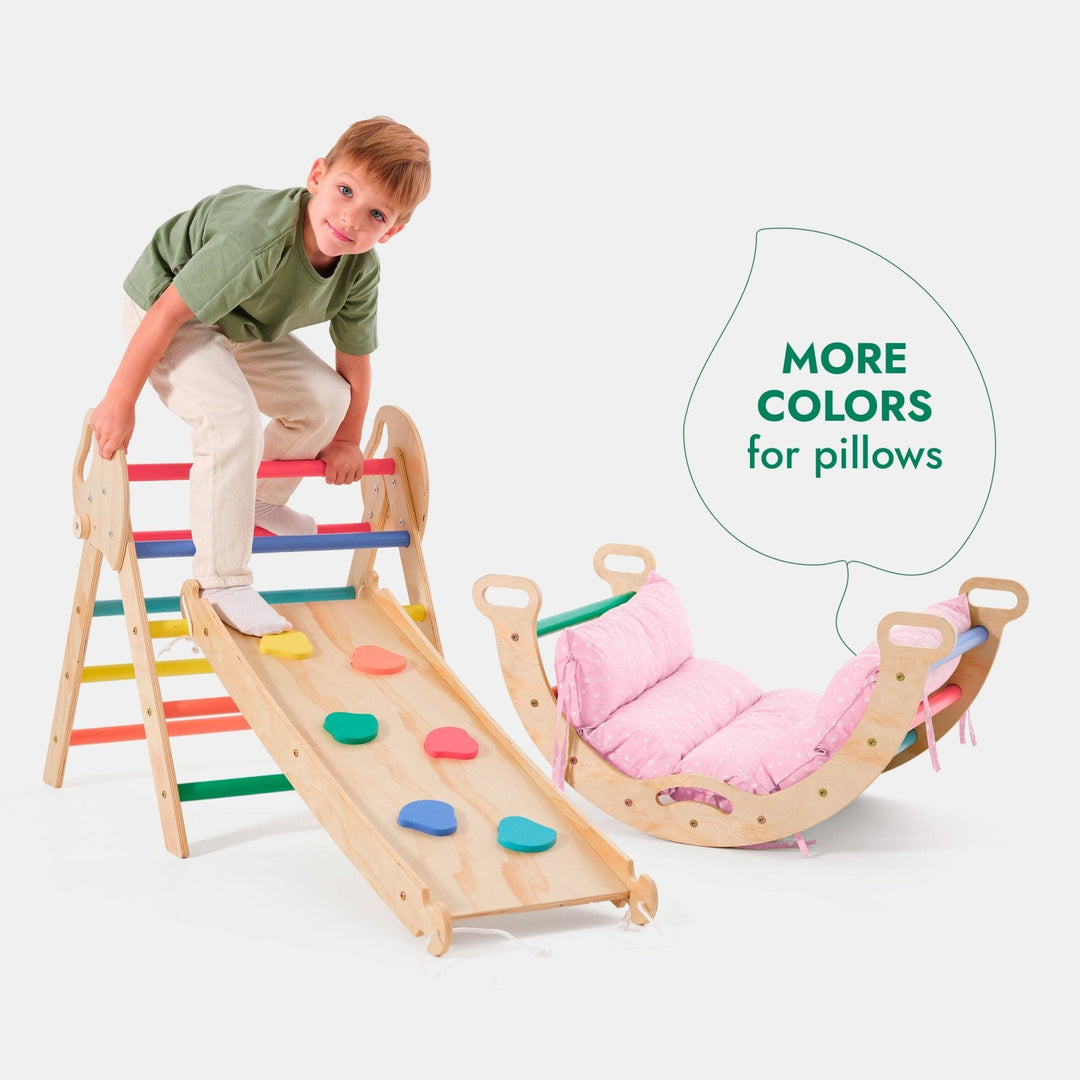 4 - in - 1 Montessori - Kletterset: Pikler - Dreieck, Kletterbogen, Rutschbrett und Kissen für Kleinkinder (1–3 Jahre) – Regenbogen - Goodevas Schweiz