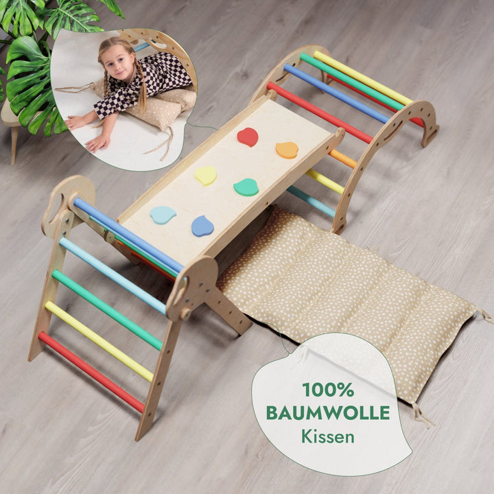 4 - in - 1 Montessori - Kletterset: Pikler - Dreieck, Kletterbogen, Rutschbrett und Kissen für Kleinkinder (1–3 Jahre) – Regenbogen - Goodevas Schweiz