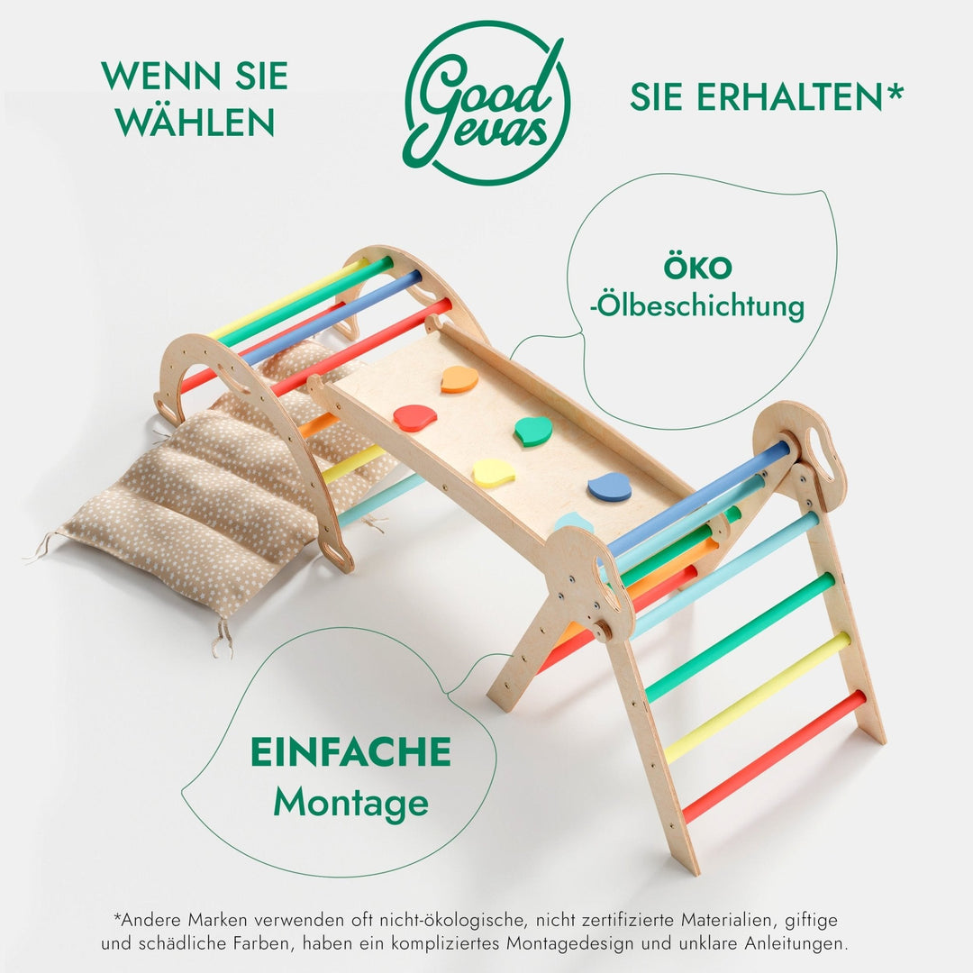 4 - in - 1 Montessori - Kletterset: Pikler - Dreieck, Kletterbogen, Rutschbrett und Kissen für Kleinkinder (1–3 Jahre) – Regenbogen - Goodevas Schweiz