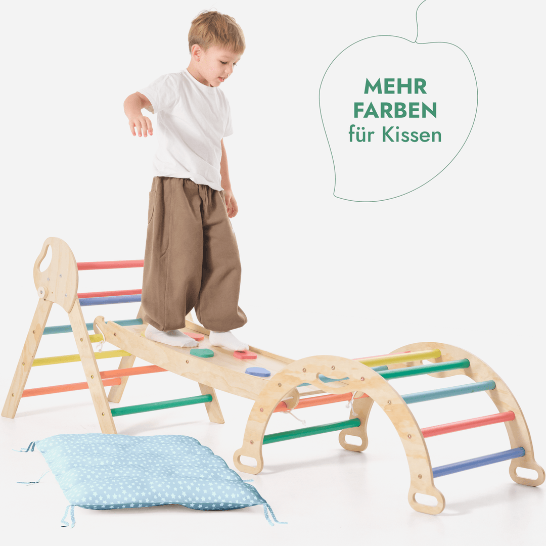 4 - in - 1 Montessori - Kletterset: Pikler - Dreieck, Kletterbogen, Rutschbrett und Kissen für Kleinkinder (1–3 Jahre) – Regenbogen - Goodevas Schweiz