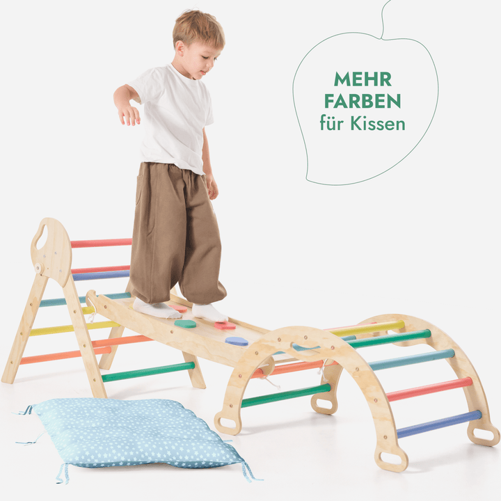 4 - in - 1 Montessori - Kletterset: Pikler - Dreieck, Kletterbogen, Rutschbrett und Kissen für Kleinkinder (1–3 Jahre) – Regenbogen - Goodevas Schweiz