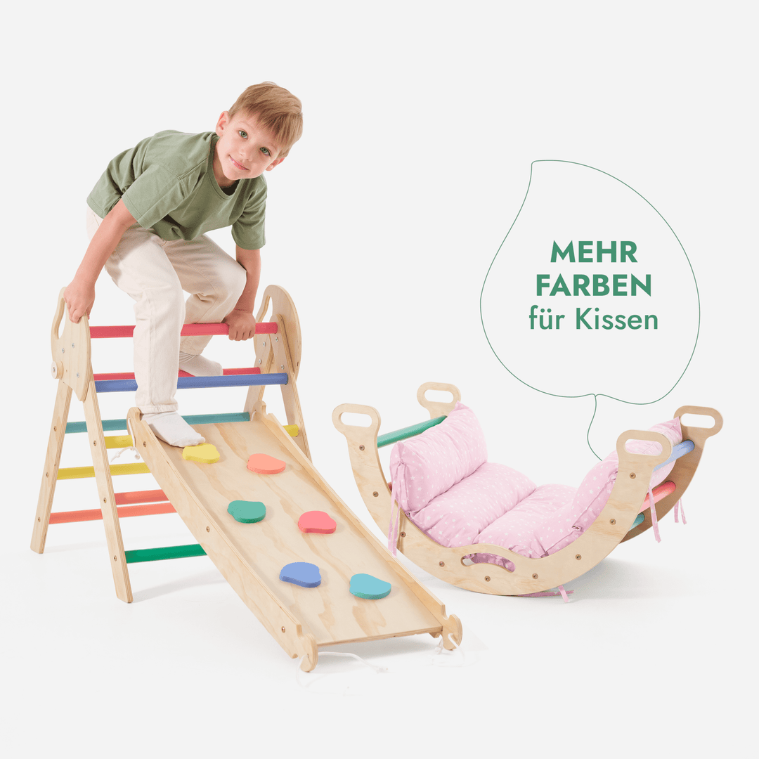 4 - in - 1 Montessori - Kletterset: Pikler - Dreieck, Kletterbogen, Rutschbrett und Kissen für Kleinkinder (1–3 Jahre) – Regenbogen - Goodevas Schweiz