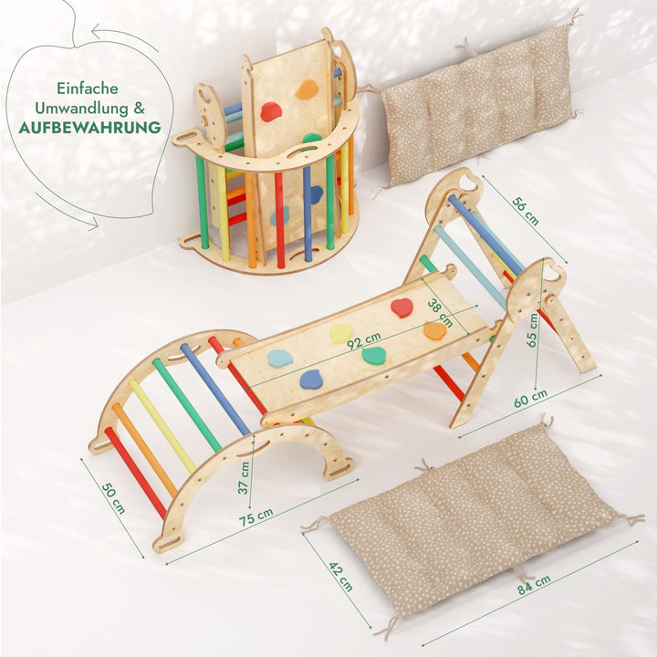 4 - in - 1 Montessori - Kletterset: Pikler - Dreieck, Kletterbogen, Rutschbrett und Kissen für Kleinkinder (1–3 Jahre) – Regenbogen - Goodevas Schweiz