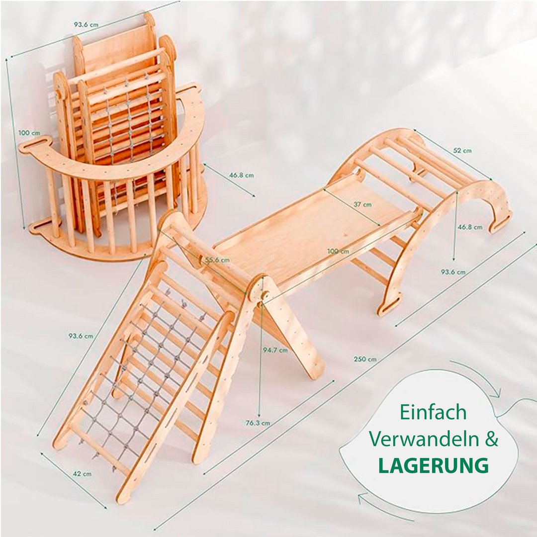 4in1 Montessori Klettergerüst Set: Kletterdreieck mit Rutsche, Kletterbogen mit Kissen, für Kinder 1-7 Jahre – Beige