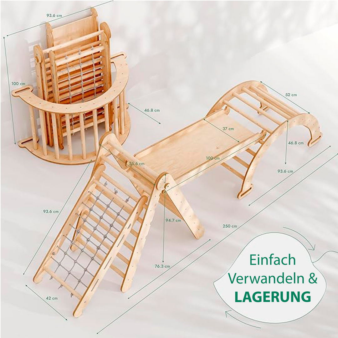 4in1 Montessori Klettergerüst Set: Kletterdreieck mit Rutsche, Kletterbogen, Kletternetz, für Kinder 1-7 Jahre – Beige