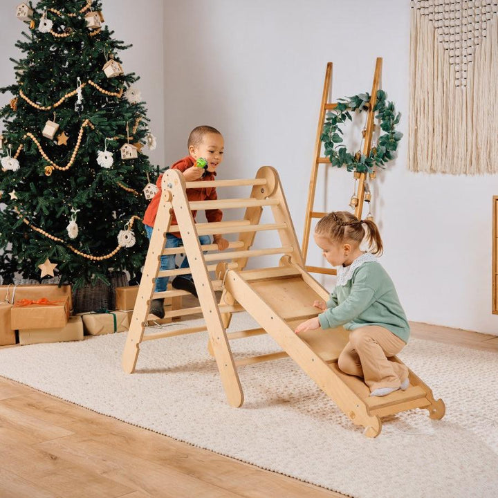 4in1 Montessori Klettergerüst Set: Kletterdreieck mit Rutsche, Kletterbogen mit Kissen, für Kinder 1-7 Jahre – Beige
