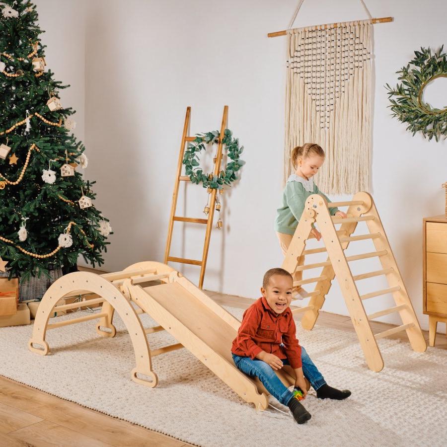 4in1 Montessori Klettergerüst Set: Kletterdreieck mit Rutsche, Kletterbogen mit Kissen, für Kinder 1-7 Jahre – Beige