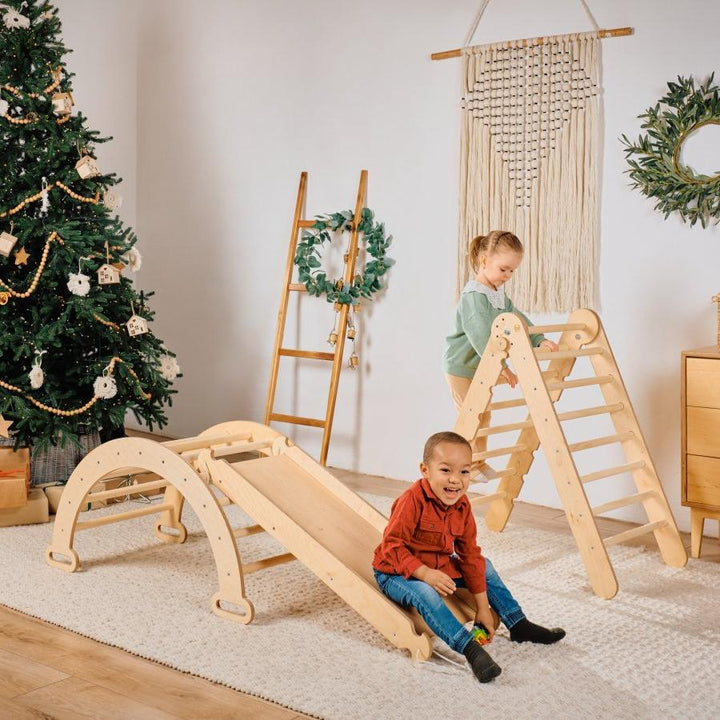 4in1 Montessori Klettergerüst Set: Kletterdreieck mit Rutsche, Kletterbogen mit Kissen, für Kinder 1-7 Jahre – Beige