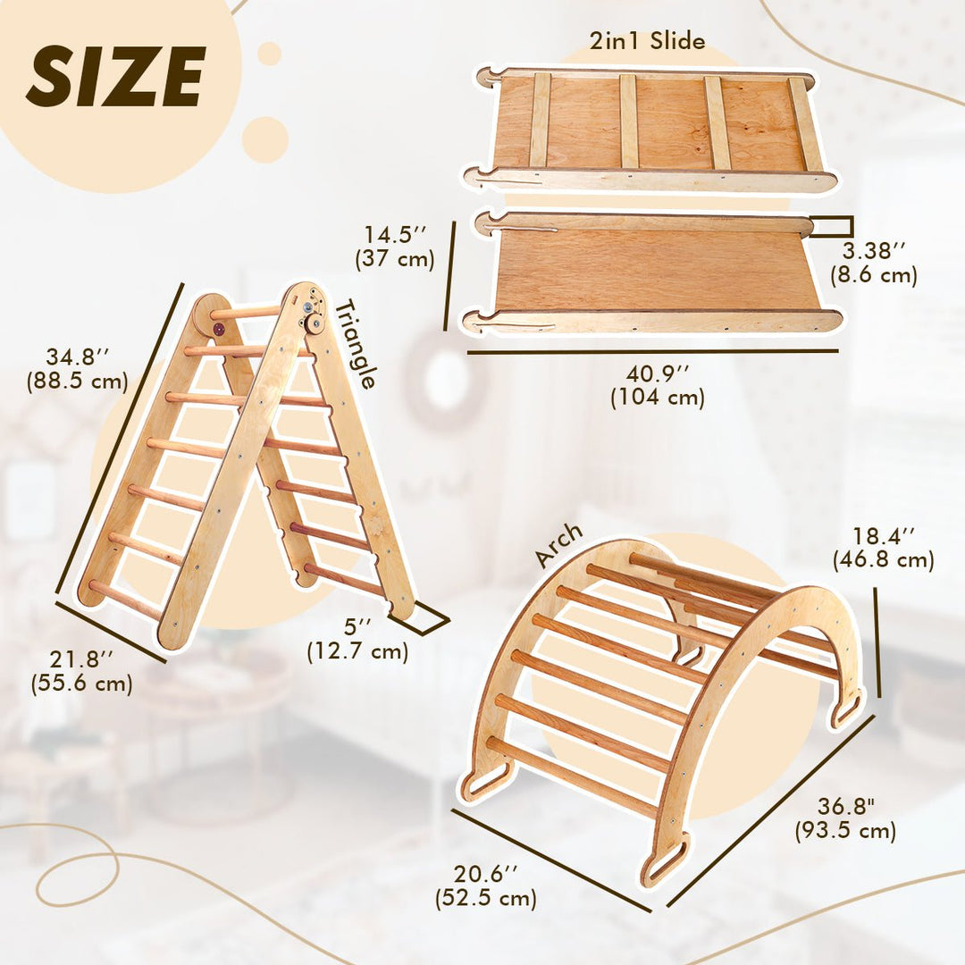 4in1 Montessori Klettergerüst Set: Kletterdreieck mit Rutsche, Kletterbogen mit Kissen, für Kinder 1-7 Jahre – Beige