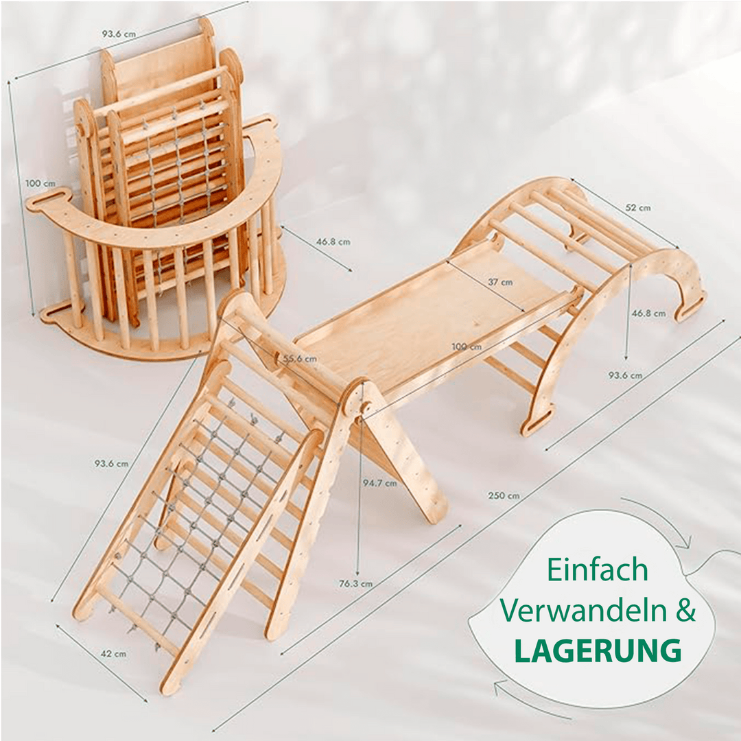 4in1 Montessori Klettergerüst Set: Kletterdreieck mit Rutsche, Kletterbogen, Kletternetz, für Kinder 1 - 7 Jahre – Beige - Goodevas Schweiz