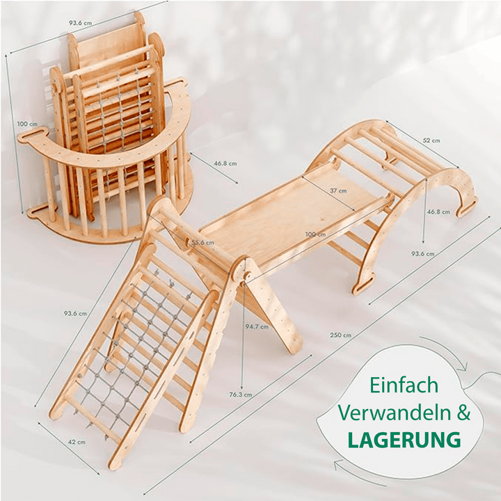 4in1 Montessori Klettergerüst Set: Kletterdreieck mit Rutsche, Kletterbogen, Kletternetz, für Kinder 1 - 7 Jahre – Beige - Goodevas Schweiz