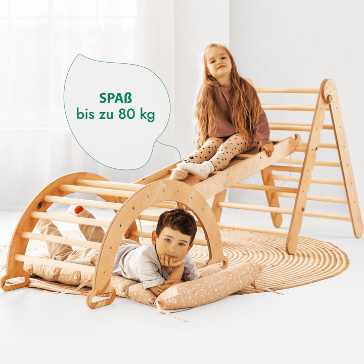 4in1 Montessori Klettergerüst Set: Kletterdreieck mit Rutsche, Kletterbogen mit Kissen, für Kinder 1 - 7 Jahre – Beige - Goodevas Schweiz