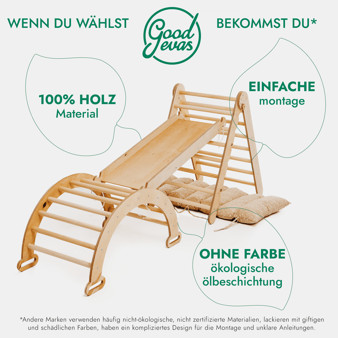 4in1 Montessori Klettergerüst Set: Kletterdreieck mit Rutsche, Kletterbogen mit Kissen, für Kinder 1 - 7 Jahre – Beige - Goodevas Schweiz