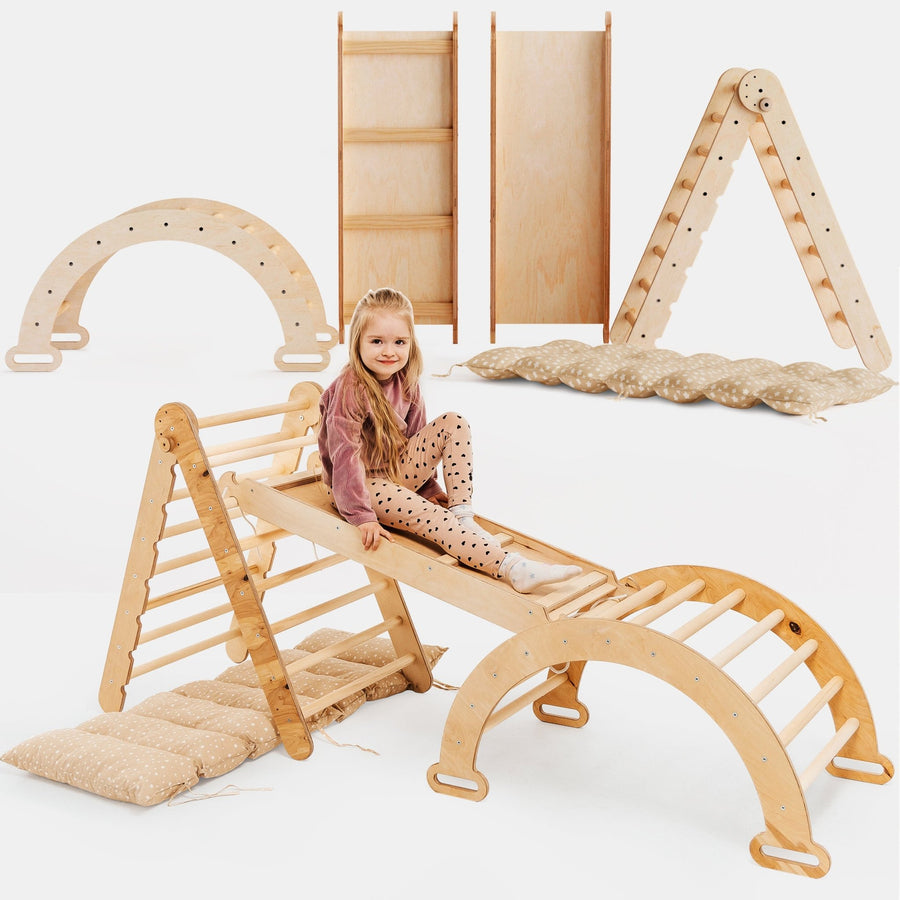 4in1 Montessori Klettergerüst Set: Kletterdreieck mit Rutsche, Kletterbogen mit Kissen, für Kinder 1 - 7 Jahre – Beige - Goodevas Schweiz