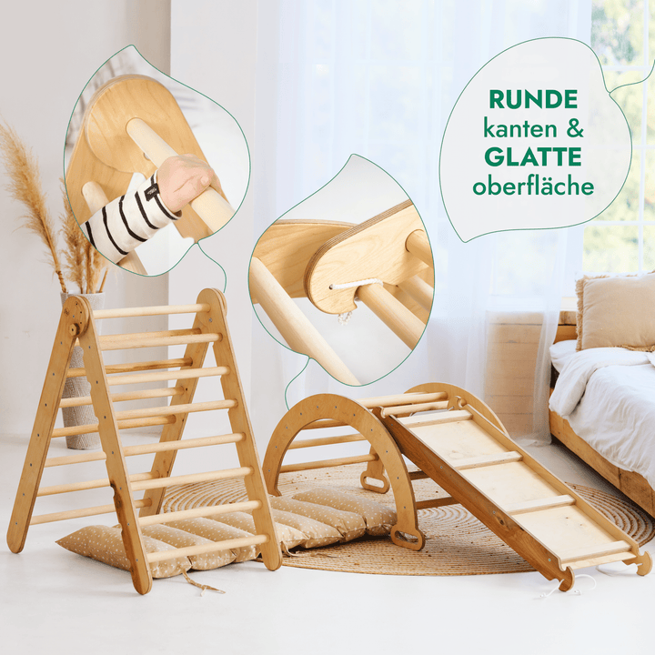 4in1 Montessori Klettergerüst Set: Kletterdreieck mit Rutsche, Kletterbogen mit Kissen, für Kinder 1 - 7 Jahre – Beige - Goodevas Schweiz