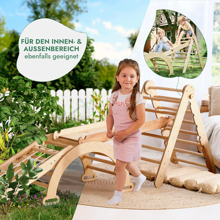 5in1 Montessori Klettergerüst Set: Kletterdreieck mit Rutsche, Kletterbogen, Kletternetz und Kissen, für Kinder 1 - 7 Jahre – Beige - Goodevas Schweiz