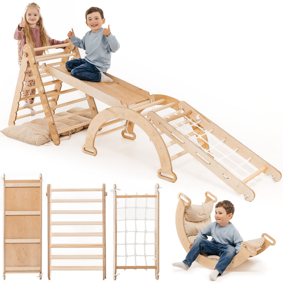 5in1 Montessori Klettergerüst Set: Kletterdreieck mit Rutsche, Kletterbogen, Kletternetz und Kissen, für Kinder 1 - 7 Jahre – Beige - Goodevas Schweiz
