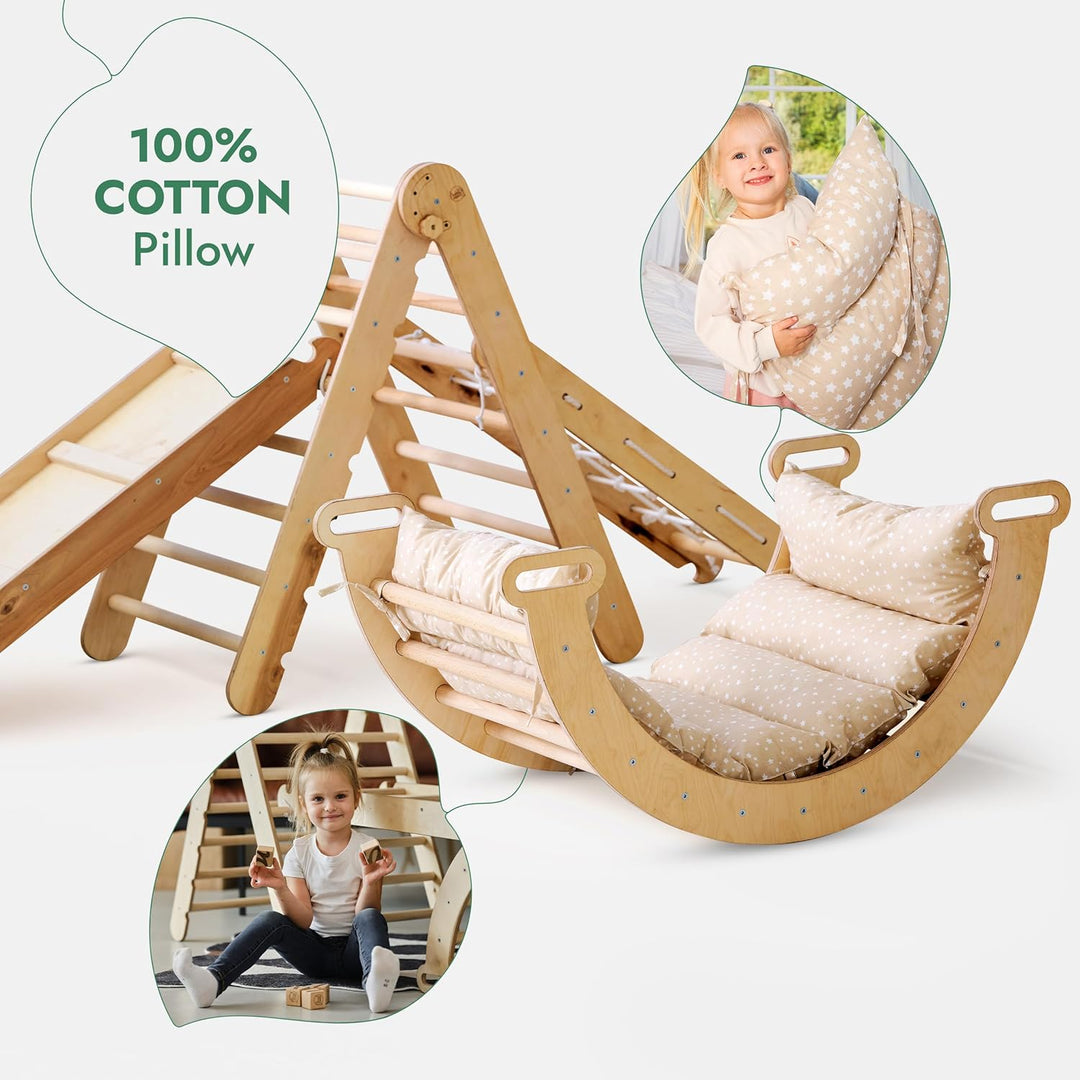 5in1 Montessori Klettergerüst Set: Kletterdreieck mit Rutsche, Kletterbogen, Kletternetz und Kissen, für Kinder 1 - 7 Jahre – Beige - Goodevas Schweiz