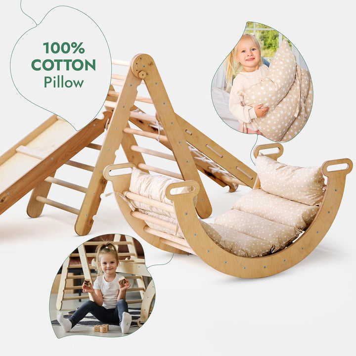 5in1 Montessori Klettergerüst Set: Kletterdreieck mit Rutsche, Kletterbogen, Kletternetz und Kissen, für Kinder 1 - 7 Jahre – Beige - Goodevas Schweiz